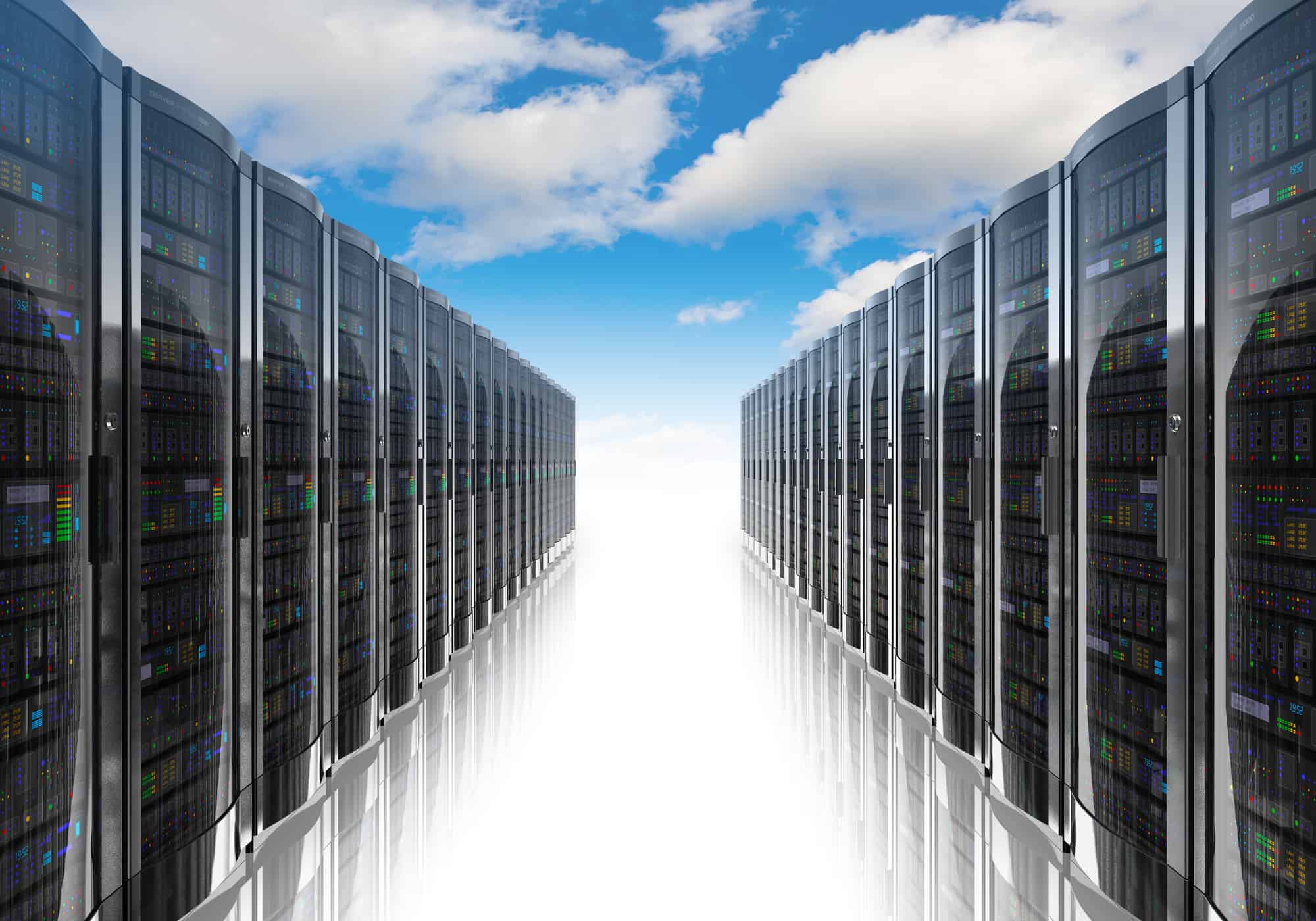 Cloud computing and computer networking concept: rows of network servers against blue sky with clouds