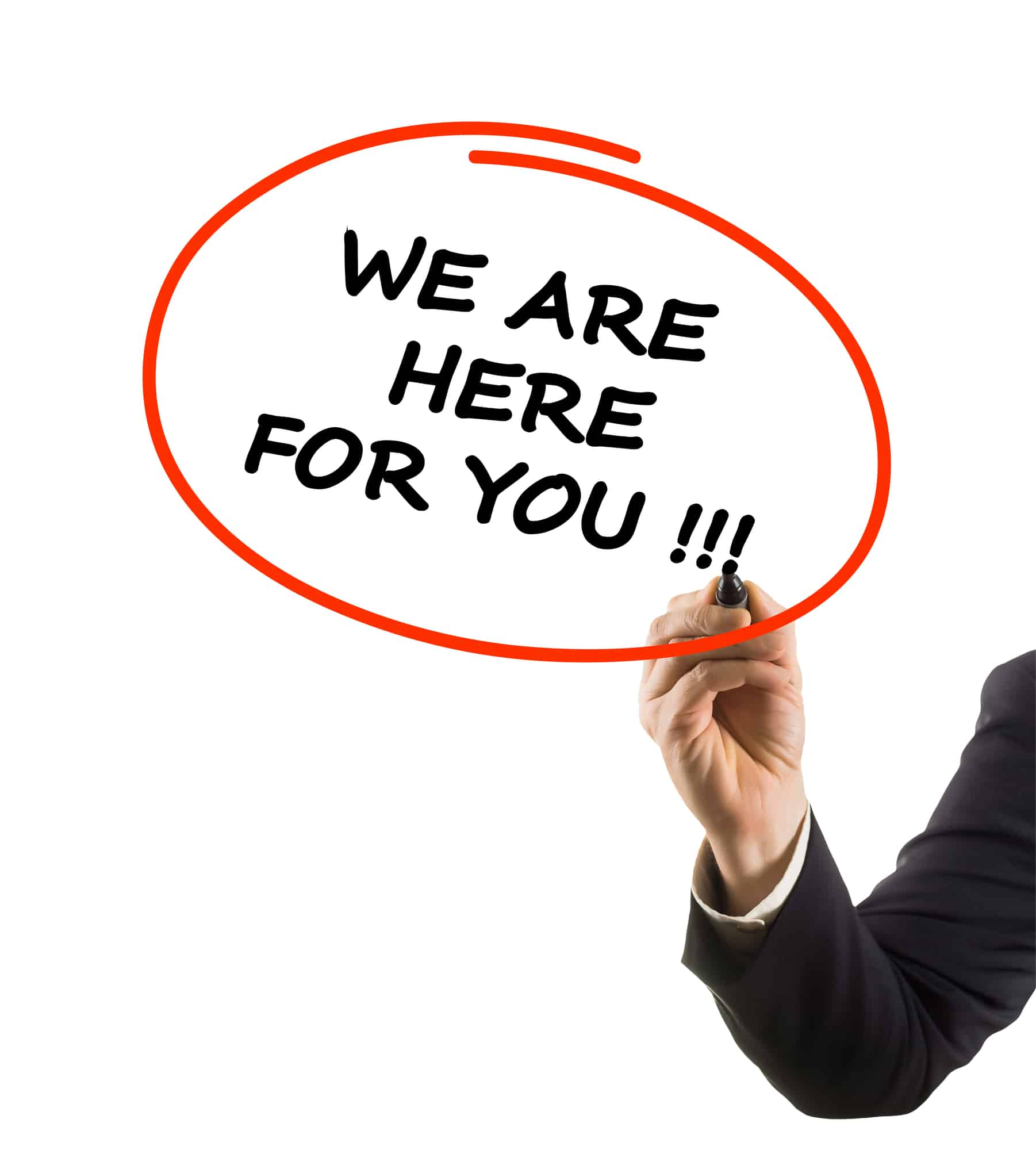 businessman hand writing text we are here for you