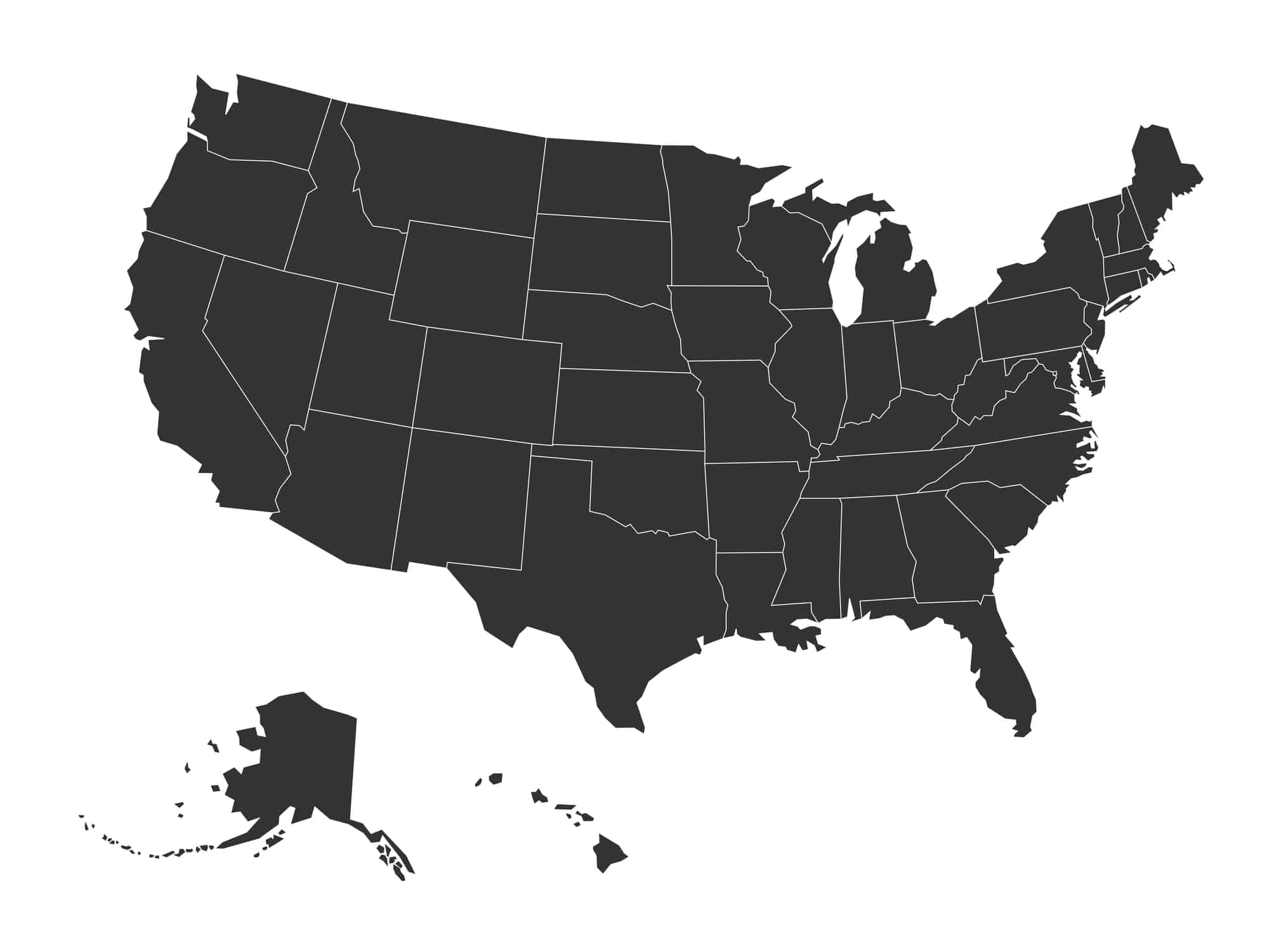 Blank map of United States of America. Simplified dark grey silhouette vector map on white background.