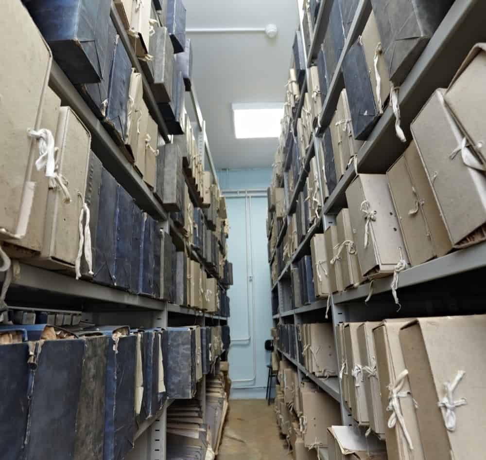 close up of old vintage files in a storage room