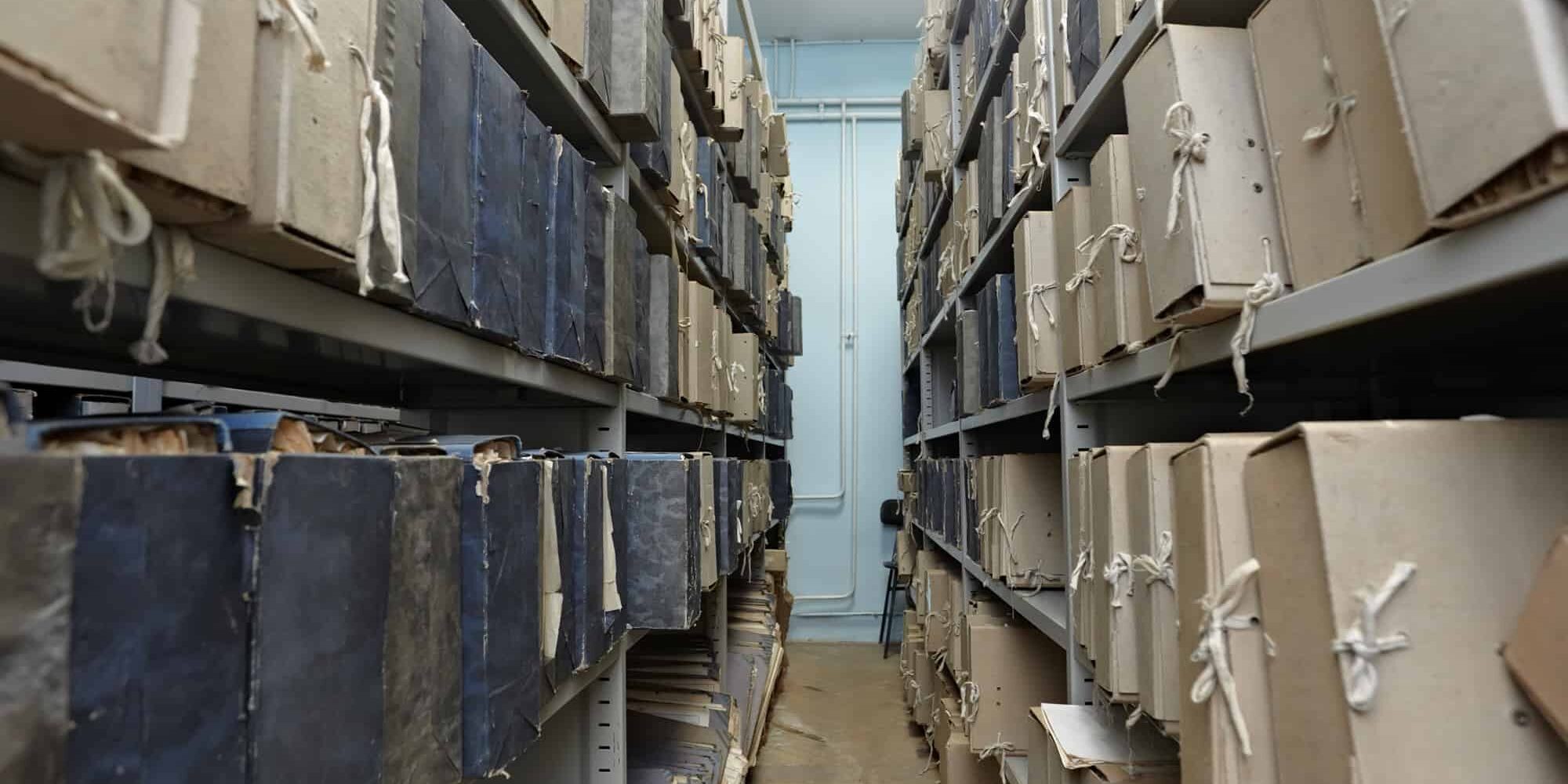 close up of old vintage files in a storage room